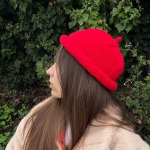 UPON REQUEST 
NWT Hand-Knit Red Sailor Beanie with Rolled Brim